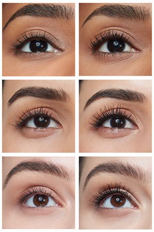 Three rows of before after images of Eyes with and without mascara